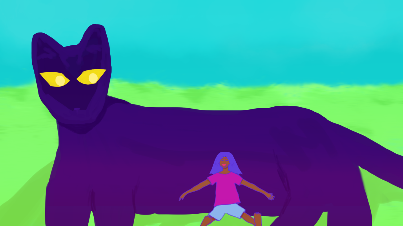 antonio chandrani-rivera at a young age slamming his body against ruzva, his gigantic black jaguar-like cat teacher with gold eyes. antonio's arms and legs are flying out in relaxed happiness. antonio has blue hair like waves, wears a fuchsia shirt and light blue shorts, has brown skin, and is laughing. they're upon green grasses under a teal blue sky.
